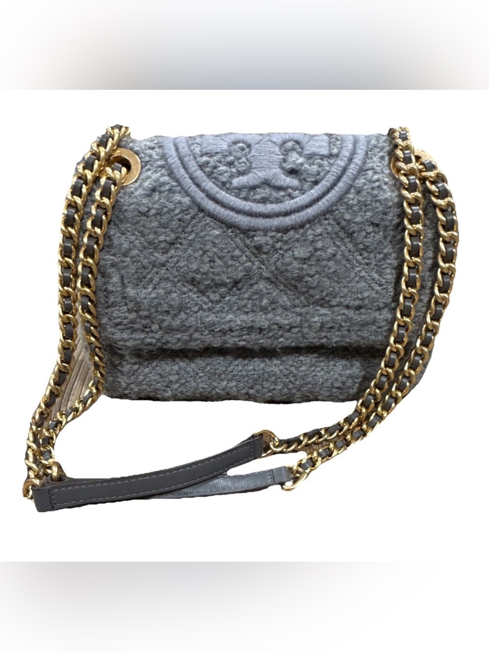 Tory Burch Fleming Soft Boucle Small Convertible Shoulder Bag Carbon Gray Gold